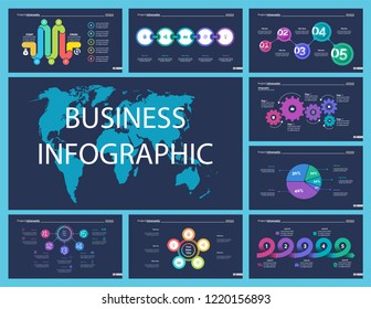 Set of workflow and strategy concept infographic charts. Business diagrams for presentation slide templates. For corporate report, advertising, banner and brochure design.