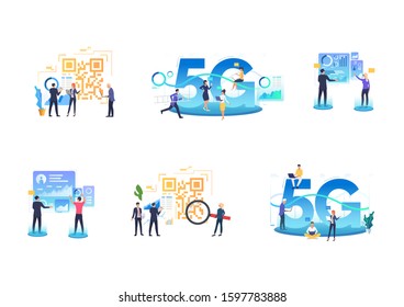 Set of workgroups using 5G network. Flat vector illustrations of people analyzing graphs and QR code. Business and technology concept for banner, website design or landing web page