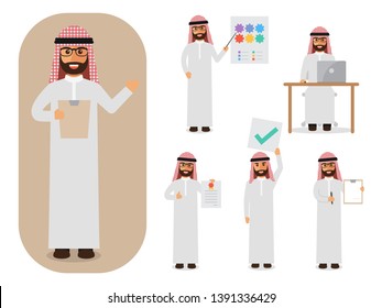 Set of working Arab people on white background. Arab businessman with gadgets in flat design people characters.