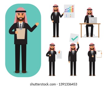 Set of working Arab people on white background. Arab businessman with gadgets in flat design people characters.