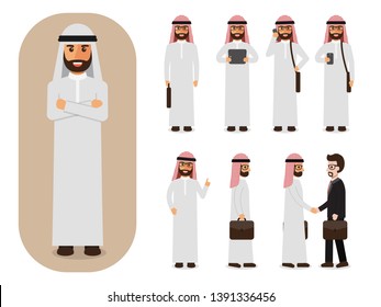 Set of working Arab people on white background. Arab businessman with gadgets in flat design people characters.