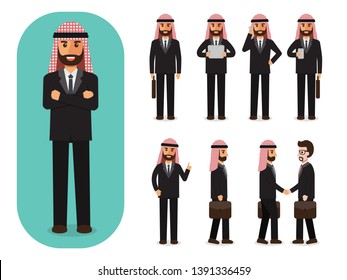 Set of working Arab people on white background. Arab businessman with gadgets in flat design people characters.