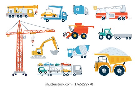 Set working building machine isolated on a white background. Icons kids cars for design of children's rooms, clothing, textiles. Vector illustration