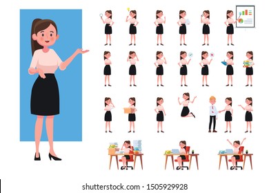 Set of working business woman. Business woman in flat design people characters.