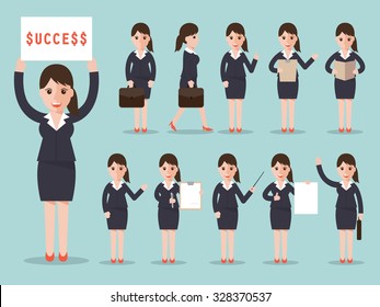 Set Of Working Businesswoman On White Background. Business Woman In Flat Design People Characters.