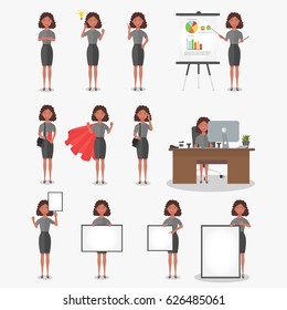 Set of working businesswoman on white background. Business woman in flat design people characters.