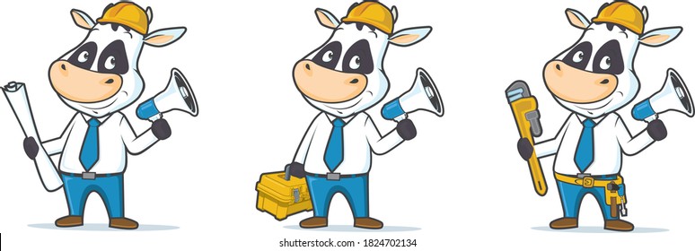 Set of working cows holding microphone horn. Contractor cow mascots for construction business