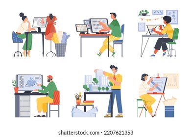 Set of working designer characters in various fields flat style, vector illustration isolated on white background. Creative workplace, people draw, painting on tablet and computer, make layout