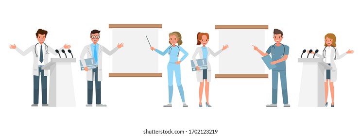 Set of working doctor characters, vector design. Presentation in various action and emotions.