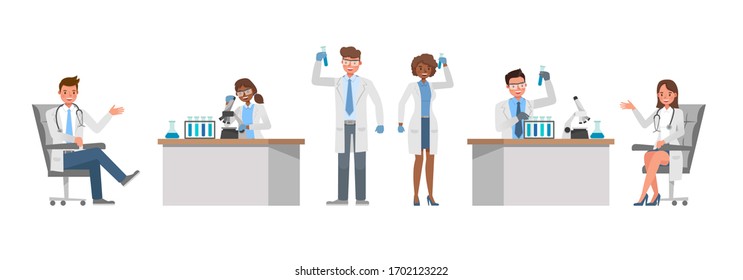 Set of working doctor characters, vector design. Presentation in various action and emotions.