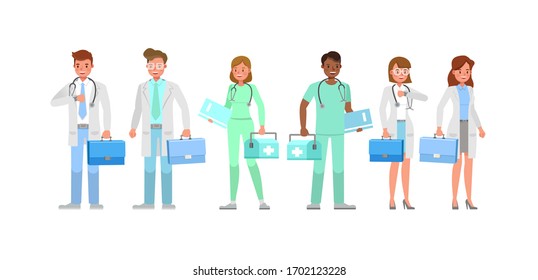 Set of working doctor characters, vector design. Presentation in various action and emotions.