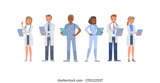 Set of working doctor characters, vector design. Presentation in various action and emotions.