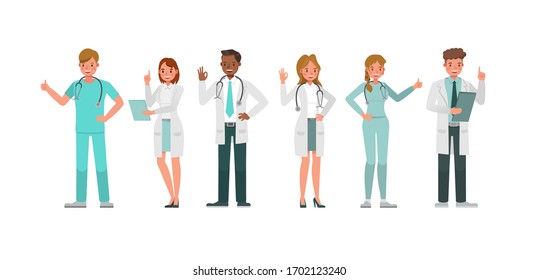 Set of working doctor characters, vector design. Presentation in various action and emotions.