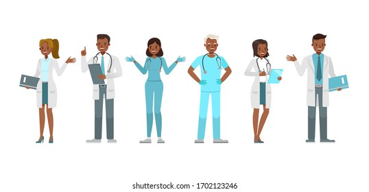 Set of working doctor characters, vector design. Presentation in various action and emotions.