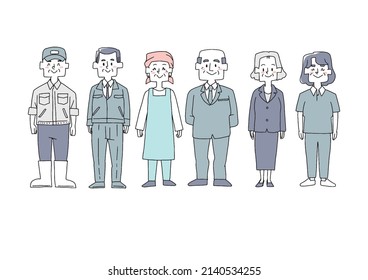 A set of working elderly people, a comical handwritten person, a vector, a line drawing and a color