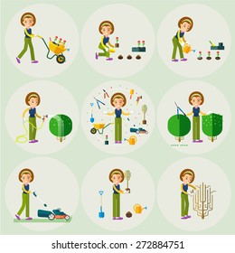 A set working in the garden. Trim bushes, plant, cut the grass, take, watering and rest. Cartoon character. In the flat style.