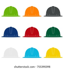 Set of Working Hard Hat in Nine Colors, Colored Safety Helmets on a White Background , Vector Illustration