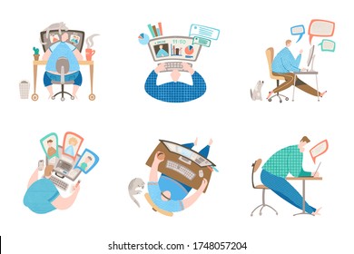 Set of working at home character concept: a man joins to online meeting sitting at the big computer monitor in a cozy home workspace with pets and plants. Vector illustration in flat style.