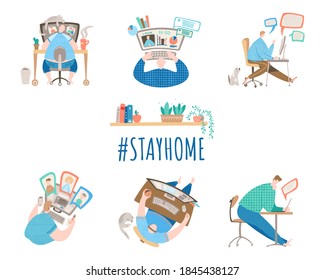 Set of working at home character concept: a man joins to online meeting sitting at the big computer monitor in a cozy home workspace with pets and plants. Vector illustration in flat style.