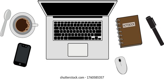  A set for working at home. The set up of a laptop, smartphone, mouse, notebook, pen, Cup of coffee. Vector graphics