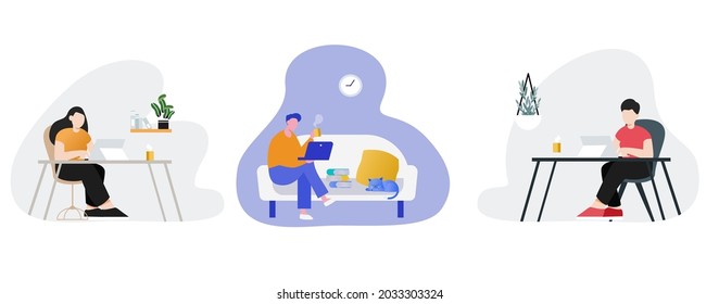 Set of Working at home,Young people,Woman freeLancers working on laptop and computer at home.Employees working from home.Vector in Flat Style concept of the freelancing comfortable work in home.