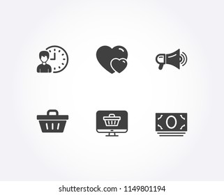 Set of Working hours, Shopping basket and Hearts icons. Web shop, Megaphone and Cash money signs. Project deadline, Sale offer, Romantic relationships. Shopping cart, Advertisement, Banking currency
