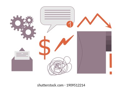 A set of working icons in a flat cartoon style isolated on a white background. Message icons are a folder with papers and icons of confusion and stress, unproductivity. Vector illustration.