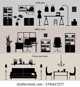 Set Of Working And Living Spaces. Craft Area, Office Area, Living Room Area. Flat Vector Design Elements. Interiors Furnitures.
