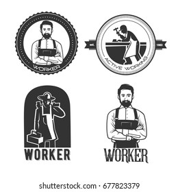 Set of working man for logo template. Black and white vector objects.