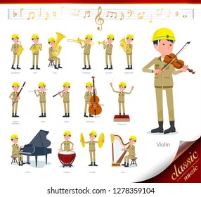 A set of working man on classical music performances.There are actions to play various instruments such as string instruments and wind instruments.It's vector art so it's easy to edit.