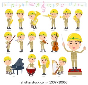 A set of working man on classical music performances.There are actions to play various instruments such as string instruments and wind instruments.It's vector art so it's easy to edit.
