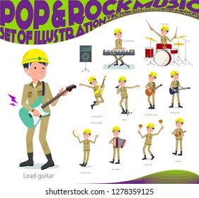 A set of working man playing rock 'n' roll and pop music.There are also various instruments such as ukulele and tambourine.It's vector art so it's easy to edit.