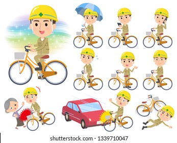 A set of working man riding a city cycle.There are actions on manners and troubles.It's vector art so it's easy to edit.