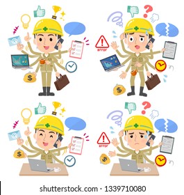 A set of working man who perform multitasking in the office.There are things to do smoothly and a pattern that is in a panic.It's vector art so it's easy to edit.
