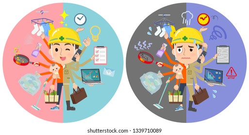 A set of working man who perform multitasking in offices and private.There are things to do smoothly and a pattern that is in a panic.It's vector art so it's easy to edit.