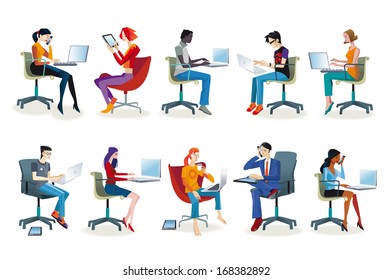Set of working men and women sitting in their office chairs. They work with their laptop or talking on the phone. They work as graphic designers, secretaries, programmers, and journalists.