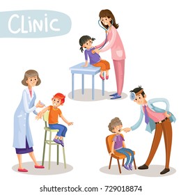 Set of working pediatrician doctors taking patients, listening to stethoscope, checking throat, making vaccine injection in childrens clinic cartoon vector illustration isolated on white background