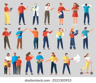 Set of working people on topic of energy supply, diverse men and women icons. Teacher in face mask, family with children, workers in production, man with battery in hand. Flat design people characters