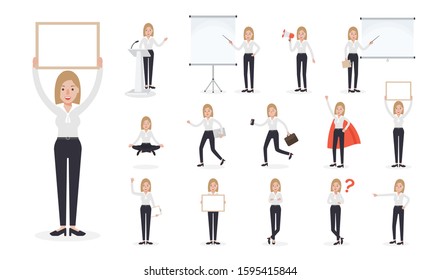 Set of working people on white background. Businesswoman at work in flat design people characters.