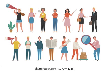 A set of working people pose on a variety of concepts. Teamwork character source illustration. flat design vector graphic style.