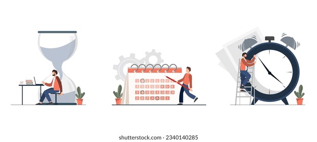 Set with working persons near calendar, alarm clock, hour glass, planning and scheduling concept, freelance work concept, flat vector illustration