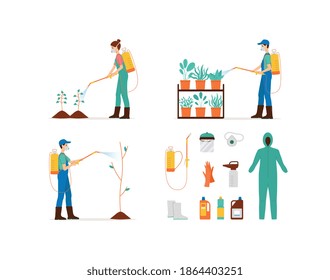 Set of working pest control exterminators spraying pesticides on plants, flat vector illustration isolated on white background. Pests control services for agriculture. svg