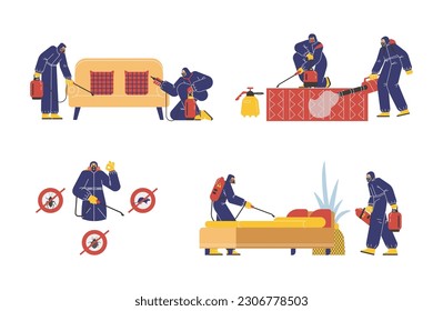 Set of working pest control specialists flat style, vector illustration isolated on white background. Destruction of parasites, no cockroaches, bugs and rats signs, people in protective suits