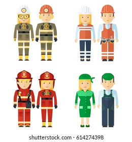 Set of working professions. Miner and fireman, master of service and worker. Flat vector cartoon illustration. Objects isolated on a white background.