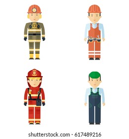 Set of working professions. Miner and fireman, master of service and worker. Flat vector cartoon illustration. Objects isolated on a white background.