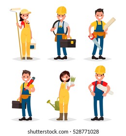 Set Of Of Working Professions. Painter, Electrician, Carpenter, Plumber, A Landscaper, Engineer. Vector Illustration In A Flat Style