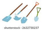 set for working with soil. shovels, hoes, shovel. Flat color isolated illustration. Gardening tools. Seasonal work. Agricultural crop items. Suitable for ecology, garden, household, packaging design