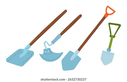 set for working with soil. shovels, hoes, shovel. Flat color isolated illustration. Gardening tools. Seasonal work. Agricultural crop items. Suitable for ecology, garden, household, packaging design