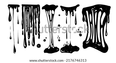 A set for working with stains, slime. Doodle style painted elements. Black splashes of mucus, stretching mucus, toxic dripping mucus. Splashes and drops of mucus, liquid borders. Isolated vector shape