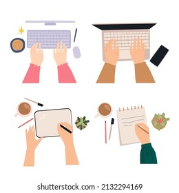 set of  working, study concept illustration. flat lay working with computer, tablet, laptop